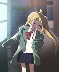 Rule 34 | 1girl, blanchat, blonde hair, blue skirt, bocchi the rock!, bow, closed eyes, closed mouth, collared shirt, finger to mouth, green jacket, ijichi nijika, jacket, long hair, open clothes, open jacket, outdoors, pleated skirt, red bow, school uniform, shirt, shushing, side ponytail, sidelocks, skirt, smile, solo, white shirt