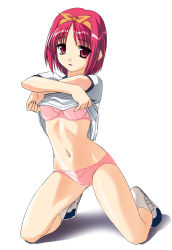 Rule 34 | 1girl, blush, breasts, clothes pull, gym uniform, hairband, highres, kamigishi akari, red hair, red theme, shirt pull, short hair, small breasts, socks, solo, to heart, to heart (series), underwear