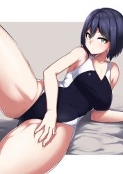 Rule 34 | 1girl, arm support, bed sheet, black one-piece swimsuit, bob cut, border, breasts, competition swimsuit, grey background, hand on own thigh, kaname nagi, large breasts, leg up, looking to the side, lying, nijisanji, on side, one-piece swimsuit, purple hair, shizuka rin, solo, spread legs, swimsuit, thighs, virtual youtuber, white border, yellow eyes