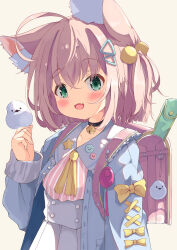 Rule 34 | 1girl, ahoge, animal ear fluff, animal ears, backpack, bag, bell, black choker, blue jacket, blush, cat ears, cat girl, choker, collarbone, commentary request, fang, green eyes, grey background, grey skirt, hair ornament, hairclip, hand up, highres, jacket, jingle bell, long sleeves, looking at viewer, manabe mana, neck bell, open mouth, original, paid reward available, pink bag, pink hair, short hair, simple background, skirt, solo, tit (bird), triangle hair ornament, upper body