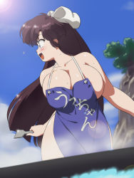 Rule 34 | 1girl, apron, areola slip, bare shoulders, blue eyes, blue sky, blush, breasts, brown hair, cleavage, cloud, commentary request, curvy, day, grill, hair ribbon, highres, hip focus, kuonji ukyou, large breasts, lens flare, long hair, looking back, mage (harumagedon), naked apron, open mouth, profile, ranma 1/2, ribbon, sky, smile, solo, spatula, sweat, tree, wide hips