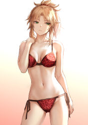 Rule 34 | 1girl, absurdres, animal print, arm at side, blonde hair, bra, braid, breasts, closed mouth, collarbone, contrapposto, cowboy shot, crown braid, fate/grand order, fate (series), frown, gradient background, green eyes, hand up, highres, leopard print, looking away, mashuu (neko no oyashiro), medium breasts, mordred (fate), mordred (fate) (all), mordred (fate/apocrypha), mordred (swimsuit rider) (fate), navel, panties, ponytail, print bra, print panties, red bra, red panties, side-tie panties, sidelocks, simple background, solo, standing, underwear, underwear only