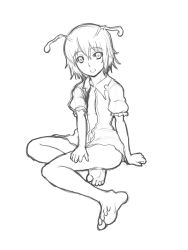 Rule 34 | 1girl, antennae, barefoot, bottomless, breasts, feet, female focus, greyscale, highres, kuro suto sukii, legs, monochrome, naked shirt, navel, open clothes, open mouth, open shirt, shirt, short hair, sitting, sketch, soles, solo, toes, touhou, wriggle nightbug
