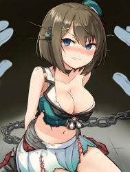 Rule 34 | 10s, 1girl, arms behind back, bad id, bad pixiv id, bare shoulders, beret, blush, breasts, brown hair, burnt clothes, chain, choker, cleavage, clenched teeth, collarbone, crop top, dark room, empty eyes, engiyoshi, gradient skirt, hair ornament, hairclip, hat, headgear, kantai collection, large breasts, looking at viewer, maya (kancolle), midriff, mini hat, neckerchief, pleated skirt, pov, remodel (kantai collection), restrained, sailor collar, short hair, sitting, skirt, sweat, tears, teeth, torn clothes