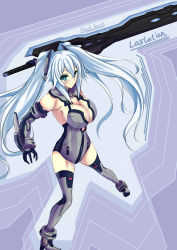 Rule 34 | 10s, 1girl, absurdres, alternate breast size, anklet, aqua eyes, armlet, armpits, bad id, bad pixiv id, bare shoulders, black heart (neptunia), blush, bracer, breasts, character name, cleavage, cleavage cutout, clothing cutout, elbow gloves, english text, female focus, fighting stance, from side, full body, gloves, grey thighhighs, hair between eyes, halterneck, headgear, high heels, highres, holding, holding weapon, huge weapon, ill (0022), jewelry, large breasts, legs apart, leotard, light smile, long hair, looking at viewer, magical girl, neptune (series), noire (neptunia), power symbol, power symbol-shaped pupils, sideboob, sidelocks, simple background, smile, solo, standing, sword, symbol-shaped pupils, thighhighs, turtleneck, twintails, very long hair, weapon, white hair