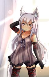 Rule 34 | 1girl, animal ears, camisole, earrings, elbow gloves, expressionless, fox ears, fox tail, frills, gloves, hair ornament, hairclip, highres, hotel01, jewelry, long hair, michaelangelo salvoropartanen, original, panties, red eyes, see-through, silver hair, solo, sunlight, tail, thighhighs, underwear, zettai ryouiki
