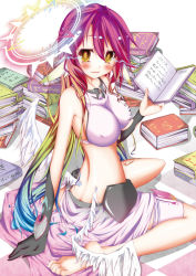 Rule 34 | 1girl, angel wings, blush, book, breasts, commentary request, spiked halo, covered erect nipples, crop top, earth0, feathered wings, gloves, gradient hair, hair between eyes, halo, holding, holding book, jibril (no game no life), large breasts, long hair, looking at viewer, low wings, magic circle, midriff, multicolored hair, no game no life, open book, open mouth, pink hair, sideboob, sitting, smile, solo, tattoo, very long hair, white wings, wing ears, wings, yellow eyes