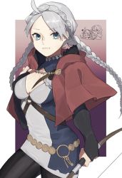 Rule 34 | 1girl, ahoge, belt, blue eyes, bow (weapon), braid, breasts, bridal gauntlets, capelet, chest harness, cleavage, closed mouth, father and daughter, fire emblem, fire emblem fates, grey hair, harness, highres, holding, holding bow (weapon), holding weapon, hood, hooded capelet, key, long hair, looking at viewer, medium breasts, niles (fire emblem), nina (fire emblem), nintendo, pantyhose, seinikuten, turtleneck, twin braids, upper body, weapon