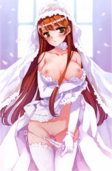 Rule 34 | 1girl, absurdres, blush, breast hold, breasts, brown hair, clothes lift, clothes pull, dress, dress lift, dress pull, elbow gloves, female focus, gloves, green eyes, highres, large breasts, long hair, looking at viewer, marie lowland, nipples, ooyari ashito, orange hair, panties, panty pull, parted lips, pussy, scan, side-tie panties, solo, sugarcoat freaks, thighhighs, underwear, veil, wedding dress, white dress, white gloves, white thighhighs
