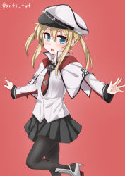 Rule 34 | 1girl, aged down, anti (untea9), black pantyhose, blonde hair, capelet, celtic knot, cross, flat chest, graf zeppelin (kancolle), grey eyes, hair between eyes, hat, highres, iron cross, jacket, kantai collection, looking at viewer, military, military hat, military uniform, miniskirt, necktie, pantyhose, peaked cap, red background, sidelocks, simple background, skirt, solo, standing, standing on one leg, tsurime, twintails, twitter username, uniform, white hat