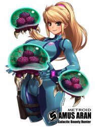Rule 34 | 1girl, artist name, blonde hair, blue bodysuit, blue eyes, blush, bodysuit, breasts, character name, commentary request, copyright name, covered navel, gun, handgun, high ponytail, highres, holding, holster, kainan, large breasts, looking at viewer, metroid, metroid (creature), mole, mole under mouth, nintendo, ponytail, samus aran, simple background, skin tight, smile, solo, super metroid, weapon, white background, zero suit
