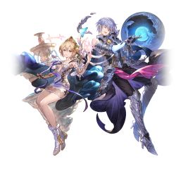 Rule 34 | 1boy, 1girl, armor, blonde hair, blue eyes, boots, detached sleeves, dress, earrings, europa (granblue fantasy), flower, fountain, full body, gloves, granblue fantasy, grimnir (granblue fantasy), hair flower, hair ornament, highres, jewelry, non-web source, official art, one eye closed, pointy ears, red eyes, short dress, short hair, silver hair, smile, smug, sparkle, tiara, transparent background, white dress