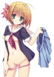 Rule 34 | 1girl, ahoge, blouse, blush, bow, breasts, gradient hair, green eyes, hair bow, highres, holding clothes, holding skirt, multicolored hair, muririn, no bra, no pants, open clothes, open shirt, orange hair, panties, panty pull, pink panties, pussy, school uniform, serafuku, shirt, short hair, skirt, unworn skirt, small breasts, smile, solo, source request, standing, transparent background, underwear, undressing