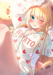 Rule 34 | 1girl, ;o, akai haato, aqua eyes, arm up, blonde hair, blush, breasts, character name, cleavage, clothes writing, commentary request, haaton (akai haato), hair ornament, hand up, heart, heart hair ornament, heart print, highres, hololive, light particles, long hair, long sleeves, looking at viewer, magowasabi, nail polish, one eye closed, open mouth, parted lips, partially unzipped, red nails, signature, sleeves past wrists, solo, twitter username, virtual youtuber, zipper