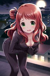 1girl absurdres agatsuma_ren alternative_girls black_bodysuit bodysuit breasts cleavage fang full_moon green_eyes hand_on_own_chest highres long_hair looking_at_viewer moon night official_art open_mouth outdoors red_hair solo star_(sky) starry_sky_background