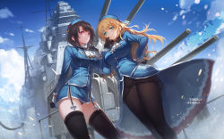 Rule 34 | 10s, 2girls, atago (kancolle), bad id, bad pixiv id, black hair, black legwear, blonde hair, blue eyes, breasts, character name, garter straps, hand on own hip, hat, highres, kantai collection, large breasts, long hair, looking at viewer, multiple girls, panties, panties under pantyhose, pantyhose, pantyshot, parted lips, red eyes, ship, short hair, takao (kancolle), thighhighs, underwear, watercraft, yykuaixian