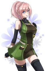 10s 1girl arm_warmers bare_shoulders blue_eyes breasts cowboy_shot daiba_canon dress female_focus fingerless_gloves floral_background gloves god_eater god_eater_burst hand_on_own_chest highres long_hair looking_at_viewer open_mouth pink_hair smile solo thighhighs turtleneck wy-nn zettai_ryouiki zipper