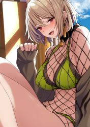 Rule 34 | 1girl, :d, bare shoulders, bell, bikini, bikini under clothes, blush, breasts, brown hair, cleavage, collar, commentary request, day, earrings, fang, fishnets, girls&#039; frontline, green bikini, highres, jewelry, knees up, large breasts, long sleeves, looking at viewer, navel, neck bell, official alternate costume, open mouth, p90 (girls&#039; frontline), p90 (the girl from b.e.l) (girls&#039; frontline), red eyes, short hair, sitting, skin fang, sleeves past wrists, smile, solo, swept bangs, swimsuit, thighs, tobimura, v-shaped eyebrows