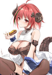 Rule 34 | 1girl, ahoge, armpit crease, artist name, bare shoulders, blush, breasts, cleavage, cleavage cutout, closed mouth, clothing cutout, dragon girl, eating, food, highres, holding, holding food, horns, large breasts, long sleeves, looking at viewer, looking to the side, open clothes, original, red eyes, red hair, shiny skin, short hair, signature, simple background, sitting, smile, solo, white background, won (az hybrid)
