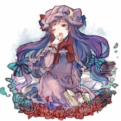 Rule 34 | 1girl, blue eyes, blush, book, book stack, capelet, chobi (sakuyasakuhana), colorized, crescent, dress, fangs, flower, gradient background, hair ornament, hair ribbon, hat, long hair, long sleeves, mob cap, one eye closed, open book, open mouth, patchouli knowledge, purple dress, purple hair, ribbon, rose, sitting, sketch, solo, star (symbol), touhou, white background, yawning