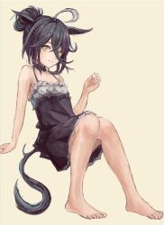 Rule 34 | 1girl, ahoge, alternate costume, animal ears, bare shoulders, barefoot, black choker, black dress, black hair, breasts, choker, commentary request, dress, earrings, feet, frilled dress, frills, hair between eyes, horse ears, horse girl, horse tail, jewelry, manhattan cafe (umamusume), multicolored hair, off-shoulder dress, off shoulder, simple background, single earring, sitting, small breasts, smile, solo, streaked hair, tail, umamusume, white hair, yanagi wakana, yellow background, yellow eyes