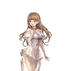 Rule 34 | 10s, 1girl, bare shoulders, brown hair, collar, detached sleeves, dress, granblue fantasy, grey eyes, jewelry, juliet (granblue fantasy), long hair, looking away, minaba hideo, open mouth, short sleeves, smile, solo, transparent background, white dress
