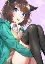 Rule 34 | 1girl, absurdres, animal ears, black thighhighs, blue eyes, candy, cat ears, commentary request, food, hair between eyes, highres, hugging own legs, jacket, lollipop, looking at viewer, mouth hold, open clothes, open jacket, original, routo (rot 0), shirt, short hair, simple background, sitting, solo, sweater vest, thighhighs, white shirt