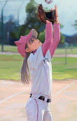 Rule 34 | 1girl, animal hat, artist name, baseball, baseball cap, baseball glove, baseball uniform, blurry, blurry background, day, fkey, grey hair, hat, long hair, looking up, open mouth, original, outdoors, profile, solo, sportswear
