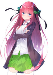 Rule 34 | 1girl, absurdres, black cardigan, black ribbon, blue eyes, blue nails, blush, breasts, cardigan, closed mouth, collared shirt, commentary request, crossed arms, dress shirt, fingernails, go-toubun no hanayome, green skirt, hair between eyes, hair ribbon, head tilt, highres, long hair, long sleeves, looking at viewer, medium breasts, nail polish, nakano nino, open cardigan, open clothes, pleated skirt, red hair, ribbon, school uniform, shirt, skirt, solo, suisen-21, thighhighs, two side up, very long hair, white shirt, white thighhighs