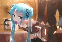 Rule 34 | 1boy, 1girl, aqua eyes, aqua hair, bathroom, bent over, black bra, black ribbon, black thighhighs, blush, bra, collarbone, condom, condom in mouth, hair between eyes, hair ribbon, hatsune miku, hetero, light particles, long sleeves, looking at viewer, mouth hold, naughty face, necktie, no pants, off shoulder, panties, qys3, reflection, ribbon, school uniform, striped clothes, striped panties, thigh gap, thighhighs, toilet, toilet paper, twintails, underwear, undressing, vocaloid