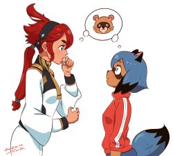 Rule 34 | 2girls, animal ears, animal nose, black hairband, blue hair, brand new animal, crossover, dated, from side, furry, furry female, gundam, gundam suisei no majo, hairband, height difference, highres, jacket, kagemori michiru, long hair, long sleeves, looking at another, low ponytail, multicolored eyes, multiple girls, necktie, raccoon ears, raccoon girl, raccoon tail, red hair, red jacket, shorts, signature, simple background, speech bubble, suletta mercury, tail, tanuki, thick eyebrows, tsunemoku, white background, white jacket, white shorts, yellow necktie
