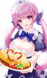 Rule 34 | 1girl, absurdres, blue bow, blue dress, bow, breasts, broccoli, cleavage, cleavage cutout, clothing cutout, dress, head tilt, heart, highres, holding, holding plate, hololive, ketchup, large breasts, long hair, maid, maid headdress, minato aqua, minato aqua (1st costume), momimi, plate, purple eyes, purple hair, smile, solo, tomato, twintails, virtual youtuber, white background
