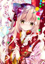 Rule 34 | 1girl, animal ear fluff, animal ears, arrow (projectile), bell, blurry, blurry background, breasts, brown hair, cat ears, closed mouth, commentary request, depth of field, floral print, flower, hair between eyes, hamaya, holding, holding arrow, japanese clothes, jingle bell, kimono, long hair, long sleeves, looking at viewer, medium breasts, nanase kureha, nanase nao, original, own hands together, pink flower, print kimono, red kimono, red ribbon, ribbon, shide, solo, upper body, very long hair, wide sleeves, yellow eyes