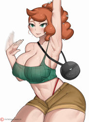 Rule 34 | 1girl, arm up, armpits, bare shoulders, blush, bob (bobtheneet), breasts, carrying over shoulder, cleavage, closed mouth, creatures (company), embarrassed, female focus, game freak, green eyes, groin, high ponytail, highres, large breasts, legs, looking at viewer, midriff, motion blur, nintendo, off shoulder, orange hair, over shoulder, pokemon, pokemon swsh, short shorts, shorts, simple background, sleeveless, solo, sonia (pokemon), standing, sweat, tank top, thick thighs, thighs, thong, waving, white background
