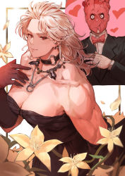 Rule 34 | 1boy, 1girl, alternate costume, blush, bow, bowtie, breasts, cleavage, collar, couple, dorohedoro, earrings, flower, formal, heart (organ), hetero, highres, jewelry, long hair, muscular, necklace, noi (dorohedoro), park ongjol, red eyes, shin (dorohedoro), short hair, suit, white flower, white hair