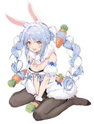 Rule 34 | 1girl, :d, animal ear fluff, animal ears, bare shoulders, black gloves, black pantyhose, blush, braid, breasts, carrot, carrot hair ornament, detached sleeves, douya (233), eyebrows, food-themed hair ornament, fur trim, gloves, hair ornament, hololive, leotard, looking at viewer, medium breasts, multicolored hair, no shoes, open mouth, pantyhose, playboy bunny, rabbit girl, red eyes, simple background, sitting, smile, solo, teeth, thick eyebrows, twin braids, usada pekora, usada pekora (1st costume), virtual youtuber, wariza