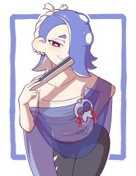 Rule 34 | 1girl, black pants, blue hair, breasts, closed mouth, collarbone, earrings, hair over one eye, hand fan, hand on own hip, highres, holding, holding fan, jewelry, looking at viewer, medium hair, navel, nintendo, octoling, pants, red eyes, shiver (splatoon), small breasts, smile, splatoon (series), splatoon 3, tentacle hair, vibrantrida