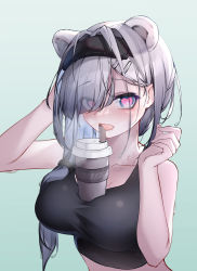 Rule 34 | 1girl, absurdres, animal ears, arknights, aurora (arknights), bare arms, bare shoulders, bear ears, black gloves, black hairband, blue background, blue eyes, blush, breasts, bubble tea challenge, collarbone, cup, disposable cup, eyes visible through hair, gloves, gradient background, hair ornament, hair over one eye, hair over shoulder, hairband, hairclip, hands up, heart, heart-shaped pupils, highres, large breasts, long hair, looking at viewer, open mouth, qinshi-ji, saliva, silver hair, solo, sweat, symbol-shaped pupils, tongue, tongue out, upper body