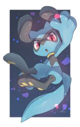 Rule 34 | absurdres, artist name, border, creatures (company), game freak, gen 4 pokemon, highres, looking at viewer, nintendo, no humans, nullma, open mouth, pokemon, pokemon (creature), riolu, signature, solo, watermark, white border