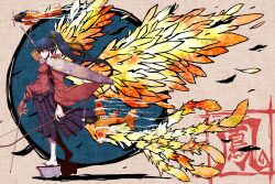 Rule 34 | 1girl, aircraft, airplane, arrow (projectile), black hair, black skirt, blue eyes, bow (weapon), breasts, closed mouth, commentary request, eye trail, feathers, fiery wings, fire, frown, full body, hair between eyes, high ponytail, highres, holding, holding arrow, holding bow (weapon), holding weapon, houshou (kancolle), kantai collection, kuri dora, light trail, long bangs, long hair, medium breasts, orange wings, pleated skirt, profile, red shirt, sandals, shaded face, shirt, skirt, smoke, solo, walking, weapon, wings, zouri