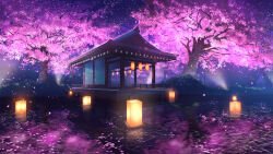 Rule 34 | absurdres, architecture, cherry blossoms, east asian architecture, falling petals, hanging lantern, highres, lake, lantern, light, night, no humans, original, outdoors, paper lantern, petals, reflection, reflective water, scenery, smile (qd4nsvik), tree