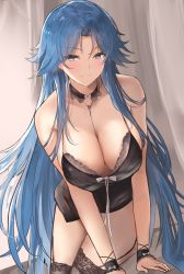 Rule 34 | 1girl, absurdres, azur lane, bare shoulders, black camisole, blue eyes, blue hair, blush, breasts, camisole, choker, cleavage, closed mouth, detached collar, garter straps, highres, large breasts, leaning, liaowen, lingerie, long hair, looking at viewer, official alternate costume, smile, solo, sovetskaya belorussiya (azur lane), sovetskaya belorussiya (relaxation stratagem) (azur lane), spaghetti strap, thighhighs, underwear, very long hair, wrist cuffs