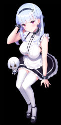 Rule 34 | 1girl, absurdres, anchor choker, apron, azur lane, black background, black hairband, blunt bangs, blush, breasts, center frills, character doll, choker, closed mouth, clothing cutout, cuffs, dido (azur lane), earrings, frilled choker, frills, full body, hairband, heart, heart earrings, highres, jewelry, large breasts, long hair, looking at viewer, maid, nekomori caburi, purple eyes, simple background, smile, thighhighs, underboob, underboob cutout, waist apron, white apron, white hair, white thighhighs