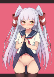 Rule 34 | 10s, 1girl, absurdres, alternate costume, amatsukaze (kancolle), black thighhighs, blue hair, blue skirt, blush, censored, closed mouth, clothes lift, gradient hair, hair tubes, highres, kantai collection, letterboxed, lifting own clothes, light purple hair, long hair, looking to the side, mosaic censoring, moyashi baasuto, multicolored hair, navel, no panties, pink background, pussy, school uniform, serafuku, short sleeves, simple background, skirt, skirt lift, solo, tears, thighhighs, two side up, yellow eyes