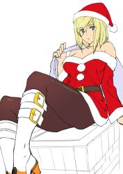 Rule 34 | 1girl, ashiomi masato, belt, black pantyhose, blonde hair, blue eyes, breasts, chimney, christmas, closed mouth, guilty gear, guilty gear xrd, hat, looking at viewer, millia rage, pantyhose, short hair, simple background, solo, white background