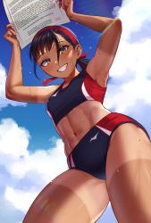 Rule 34 | 1girl, abs, absurdres, armpits, arms up, black hair, headband, highres, holding, holding paper, navel, original, paper, ponytail, solo, sports bikini, sportswear, sweat, tan, tanline, toin (iitoin), track uniform, yellow eyes