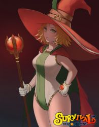 Rule 34 | 1girl, arc2urus, bad id, bad pixiv id, cape, clenched hand, copyright name, covered navel, gloves, gradient background, green eyes, hat, hat belt, hat feather, holding, holding staff, light brown hair, red cape, red hat, shamoo (survival project), solo, staff, standing, survival project, white gloves, wizard hat