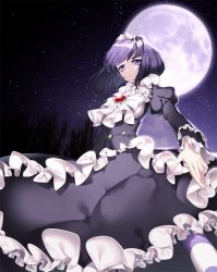 Rule 34 | 1girl, anpolly, bad id, bad pixiv id, black dress, blackberry cookie, brooch, cookie run, dress, frilled dress, frilled sleeves, frills, frown, full moon, highres, jewelry, long sleeves, looking at viewer, moon, night, pantyhose, purple eyes, purple hair, short hair, sky, solo, star (sky), starry sky, striped clothes, striped legwear, striped pantyhose