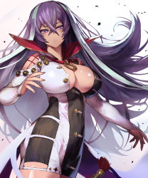 Rule 34 | 1girl, :o, aqua hair, bare shoulders, blush, breasts, chyko7080, cleavage, clothing cutout, covered navel, cowboy shot, crossed bangs, dress, hair between eyes, half-closed eyes, highres, impossible clothes, impossible dress, isabelle (shadowverse), large breasts, long hair, long sleeves, looking at viewer, multicolored hair, open mouth, purple eyes, purple hair, shadowverse, shiny skin, short dress, shoulder cutout, simple background, sleeves past wrists, solo, standing, two-tone hair, v-shaped eyebrows, very long hair, waist cape, white background