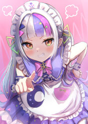 Rule 34 | 1girl, absurdres, apron, dress, grey hair, hand on own hip, highres, hololive, leaning forward, long hair, looking at viewer, maid, maid apron, maid headdress, multicolored hair, murasaki shion, murasaki shion (magical girl maid), pink hair, pointing, pointing at viewer, purple hair, scrunchie, skirt, smile, solo, teeth, terra bose, twintails, virtual youtuber, white apron, wrist scrunchie, yellow eyes
